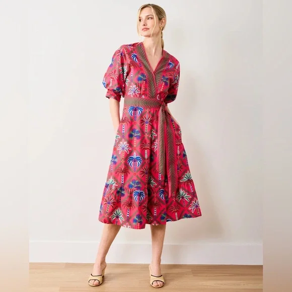 PRINTFRESH NEW Gabriela Midi Wrap Dress in Palm Tree Multi Pink Sz 1X - Picture 1 of 14